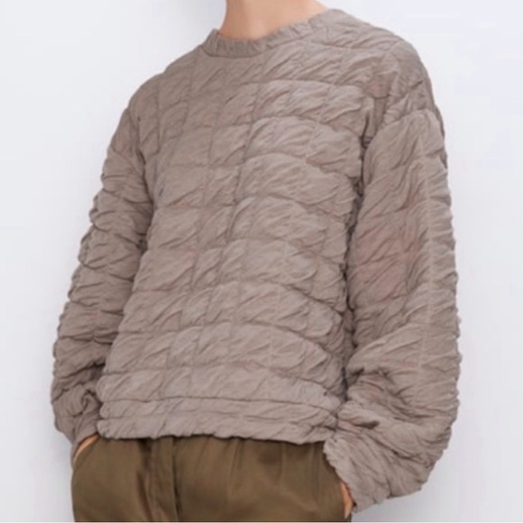 Zara Tops - Zara Quilted Pullover Crewneck Sweatshirt Top Xl Taupe